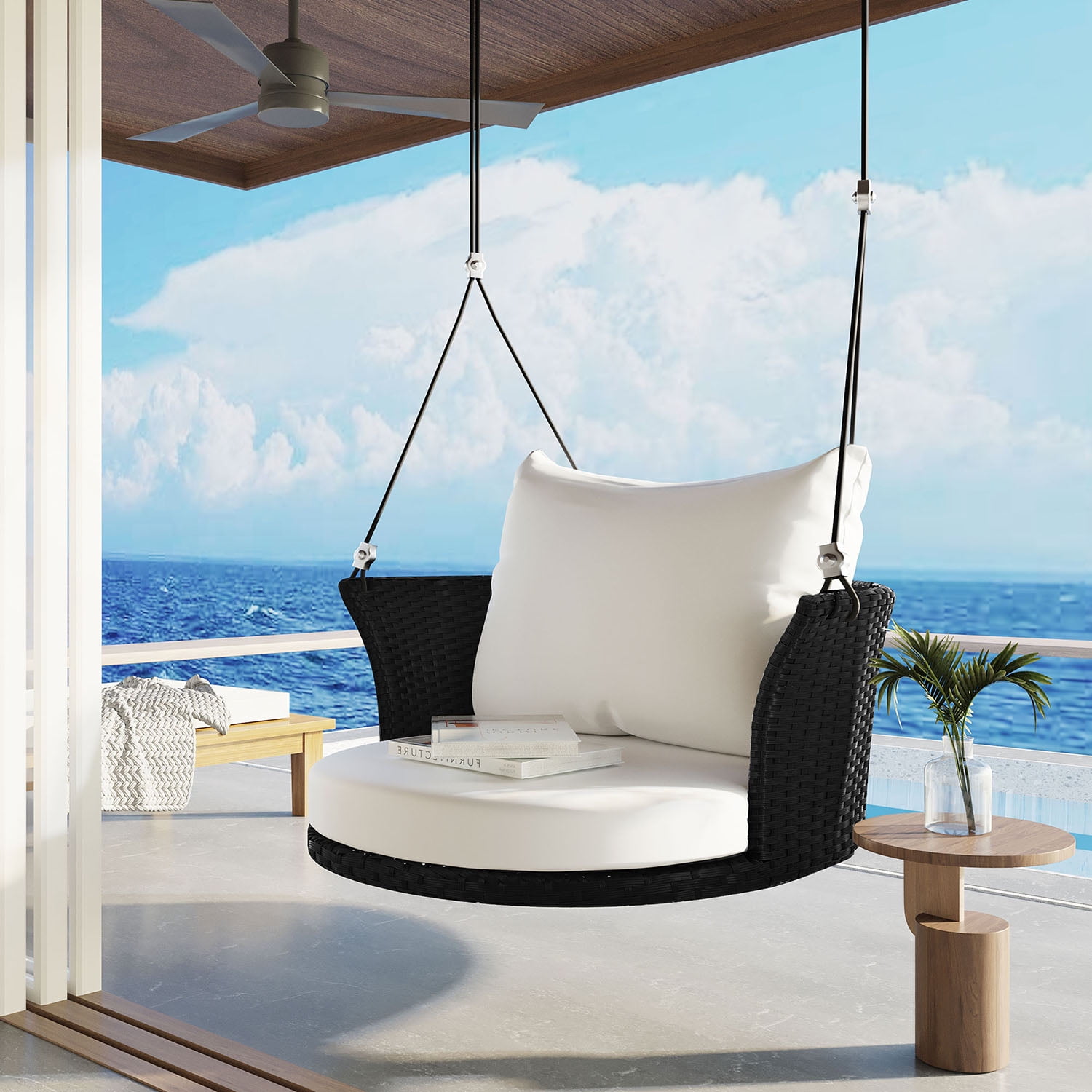 Kadyn 33.8" Single Person Hanging Seat, Rattan Woven Swing Chair With Ropes, Gray Wicker and Cushion, Wicker Porch Swing for Outdoor, Black White Kadyn 33.8" Single Person Hanging Seat, Rattan Woven Swing Chair With Ropes, Gray Wicker and Cushion, Wicker Porch Swing for Outdoor, Black White