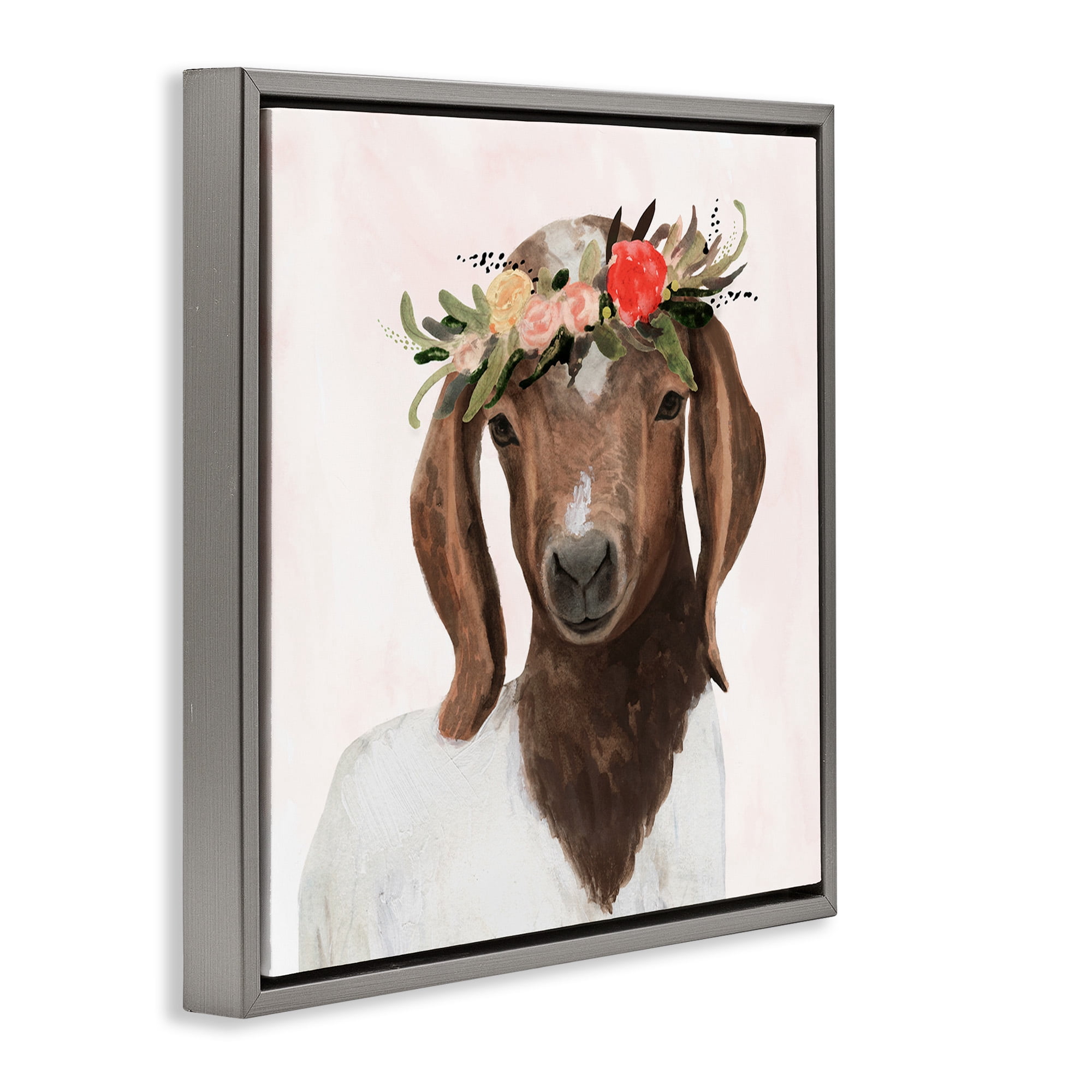 Stupell Industries Springtime Flower Crown Long Ear Goat Animals & Insects Painting Gray Floater Framed Canvas Art Print Wall Art, 18 x 18