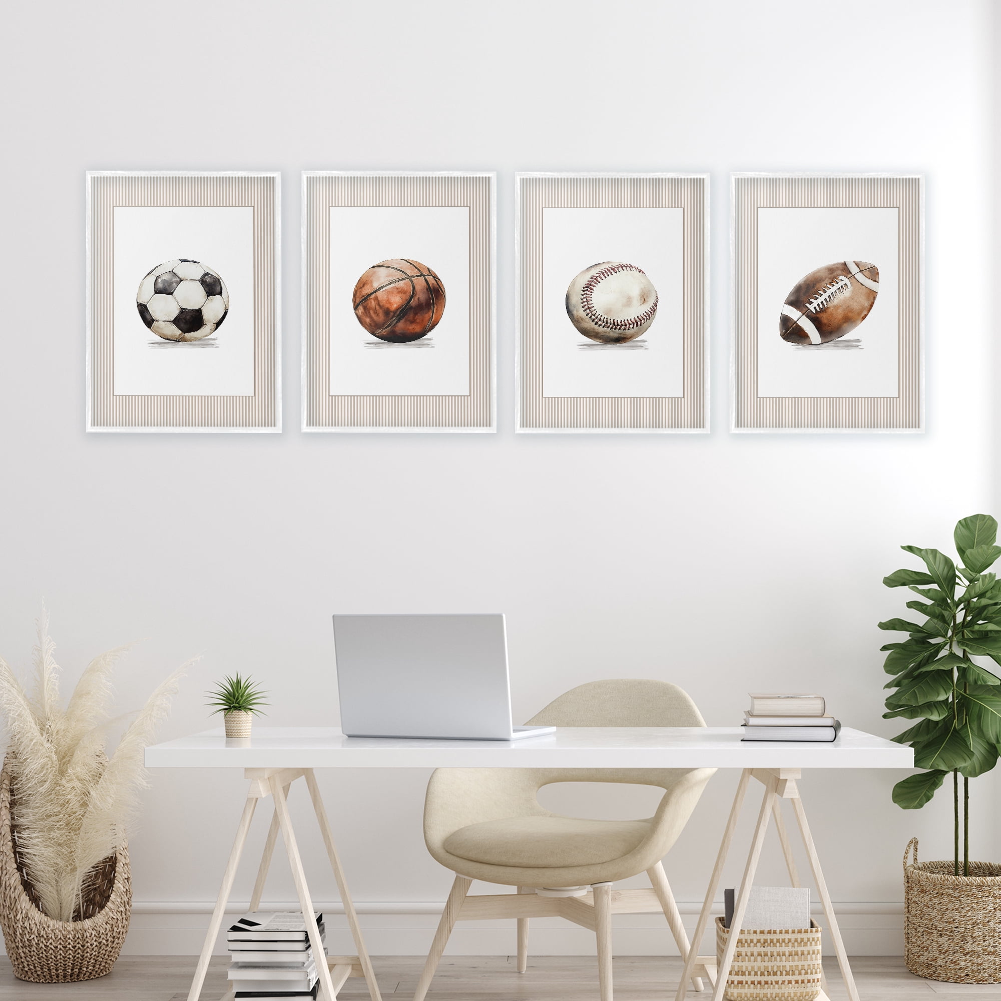 Stupell Industries Vintage Sports Beige Stripes 4 Piece White Framed Giclee Art Set, design by Christine Simpson Art