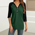thumbnail image 4 of WTOBBY Women's Colorblock V-Neck Raglan Sleeve T-Shirt with 3/4 Sleeve, Casual Button Detail Top for Fall Season, Comfortable Fashion Apparel,Army Green L, 4 of 4