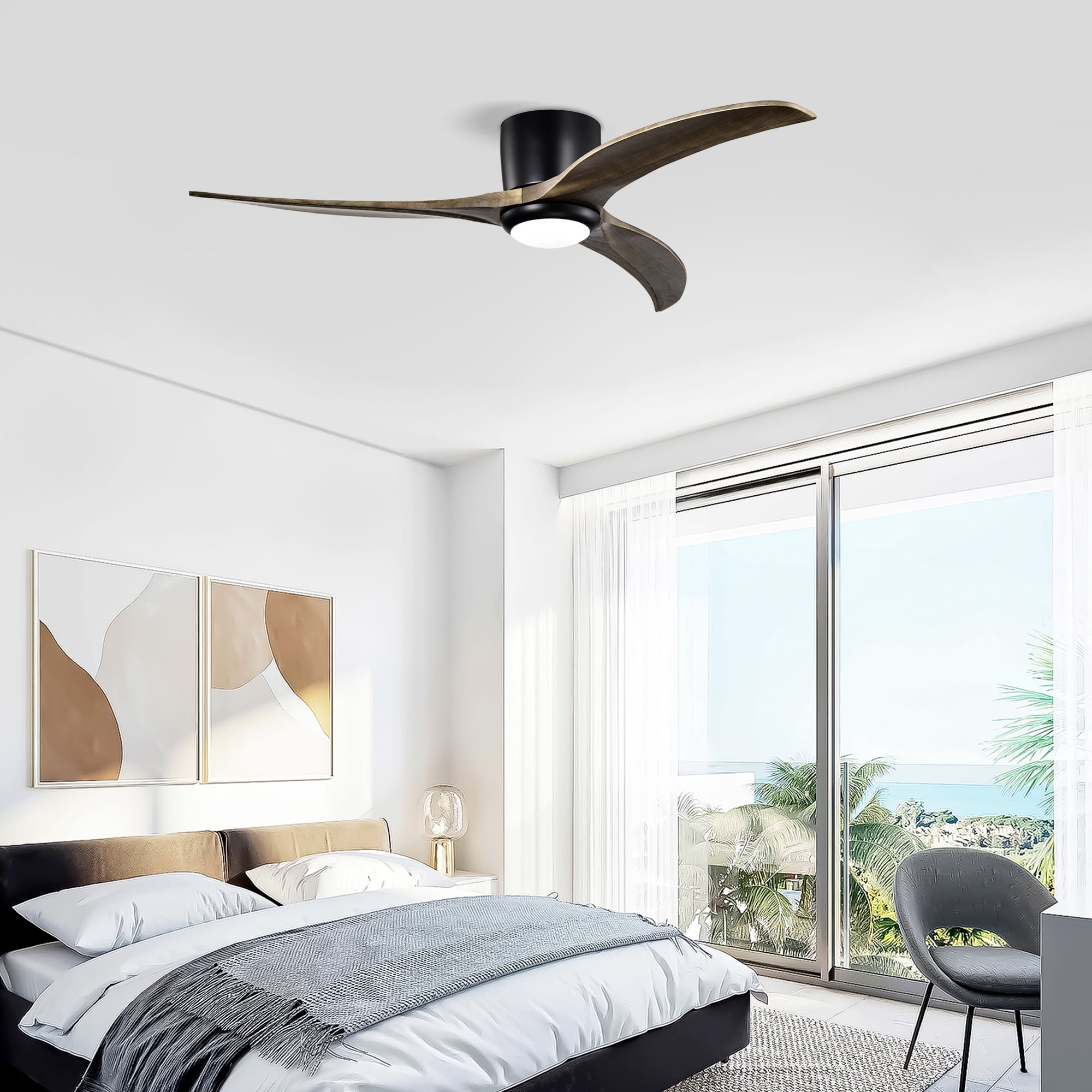 52 Inch Flush Mount Ceiling Fan, Solid Wood Blades Ceiling Fan with Light with Remote Control for Patio, Matte Black