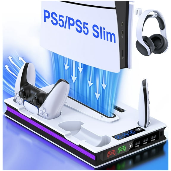 PS5 Charging Station with Cooling Fan for Playstation 5/PS5 Pro/PS5 Silm with ambient Lighting, PS5 Accessories
