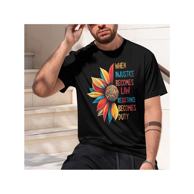Men's When Injustice Becomes Law Resistance Becomes Duty RBG Quote T-Shirt - Black Short Sleeve Casual Tee with Vibrant Floral Graphic, Regular Fit, Machine Washable