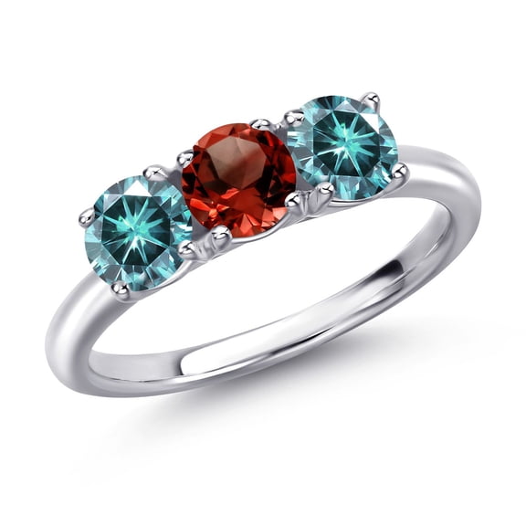 Gem Stone King 925 Sterling Silver Red Garnet and Blue Moissanite Engagement Ring for Women | 1.55 Cttw | Round 5MM | Gemstone January Birthstone | Size 6