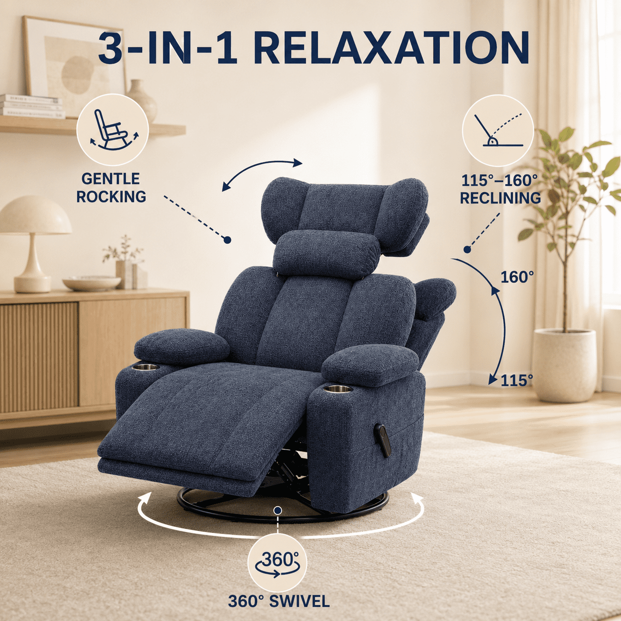 TiramisuBest Swivel Rocking Recliner Chair with Cup Holders,Big and Tall Manual Chenille Lounge Chair for Living Room,Blue