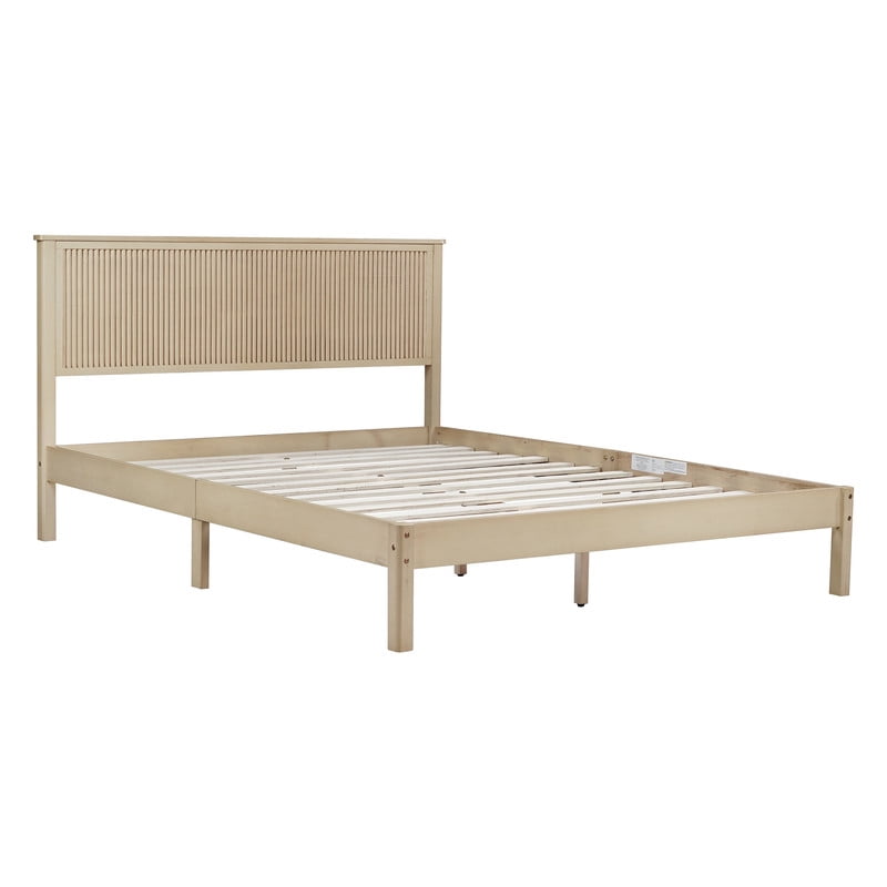 Queen Size Wood Bed Frame with Wave-Fluted Headboard, Low-Profile Platform Bed with Central Support Legs and Under-Bed Space
