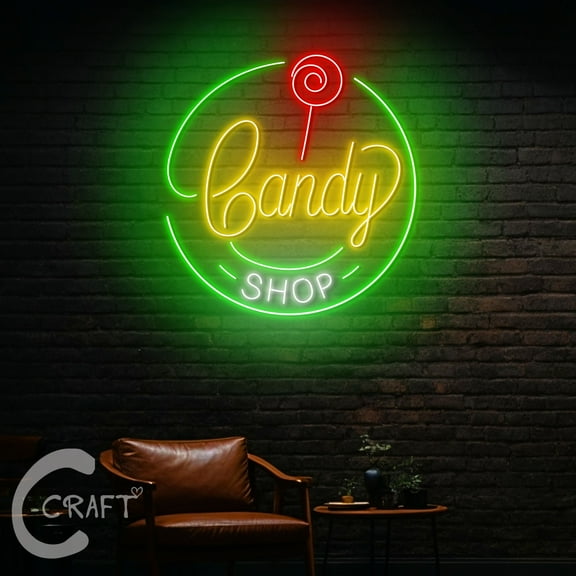 C-CRAFT Candy Shop Logo Led Light Up 20 inch for Open Candy Lollipop Shop Wall Decor
