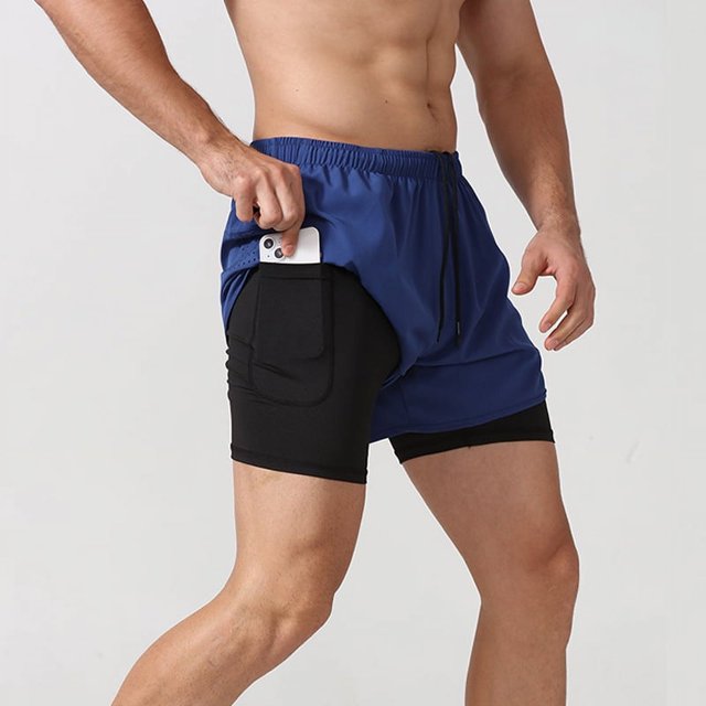Pantalones cortos deportivos para hombre, para correr, maratón, atletismo, holgados, de tres puntos, de secado rápido, con forro, anti-running, de doble capa, para fitness