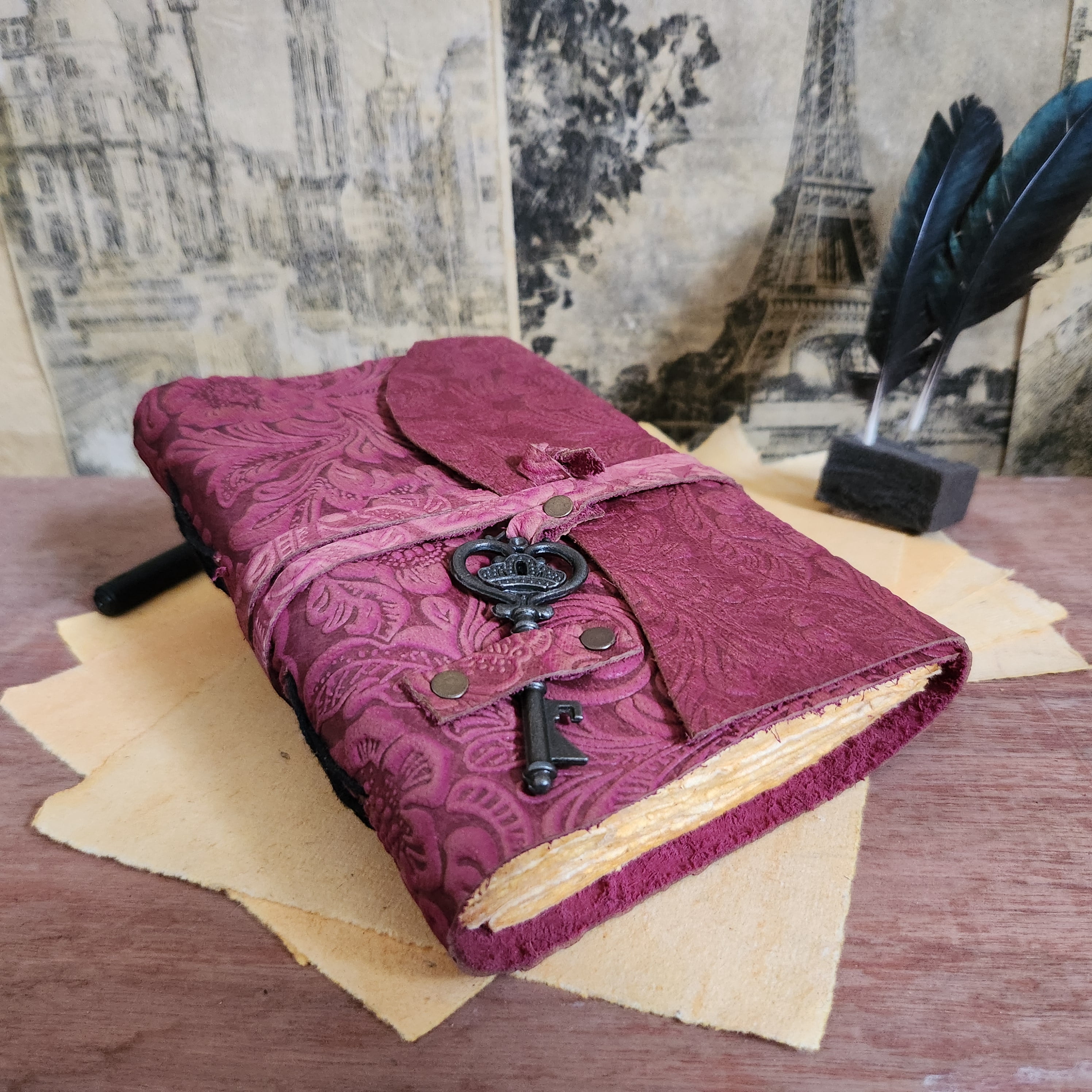 Handmade Leather Journal with Vintage Deckle Edge Paper - 7x5 Inch, 200 Pages - Floral Embossed Cover with Key Closure - Soft Leather Notebook (Pink, Green, Blue)