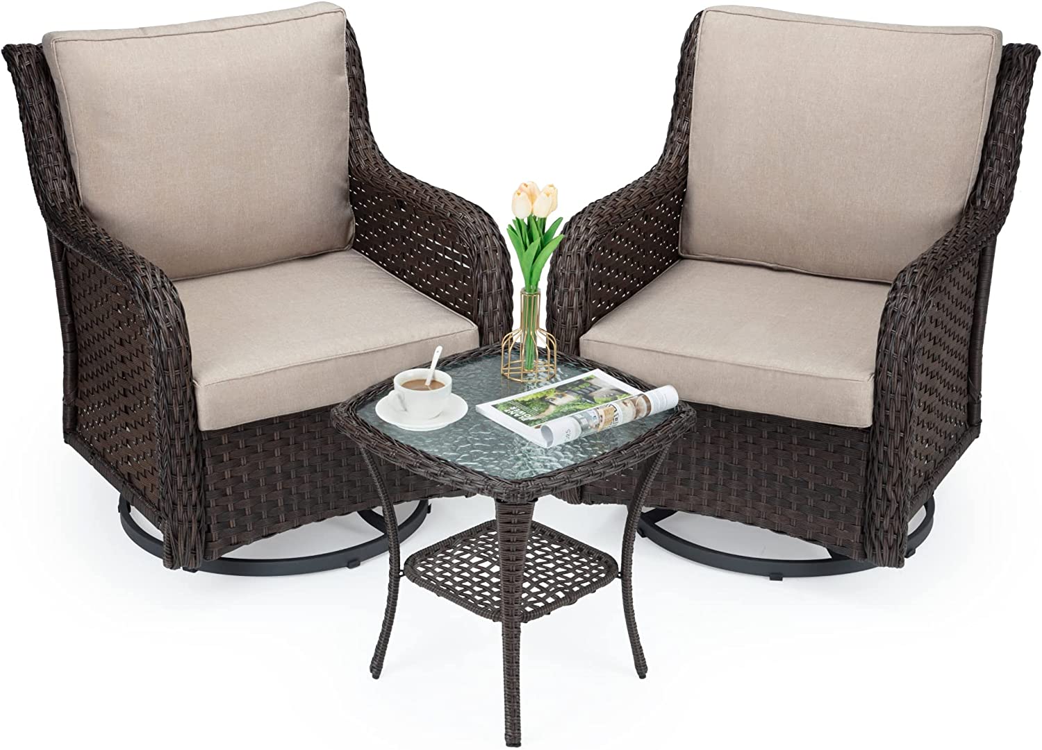 Outdoor 360° Swivel Rocker Patio Chairs Set of 2 and Matching End Table, IDEALHOUSE 3 Pieces Wicker Patio Bistro Set with Premium Fabric Cushions for Yard, Garden, Balcony (Beige, Encryption Rattan) - image 2 of 7