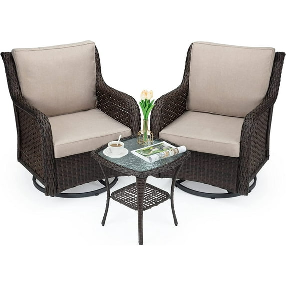 Outdoor 360° Swivel Rocker Patio Chairs Set of 2 and Matching End Table, IDEALHOUSE 3 Pieces Wicker Patio Bistro Set with Premium Fabric Cushions for Yard, Garden, Balcony (Beige)