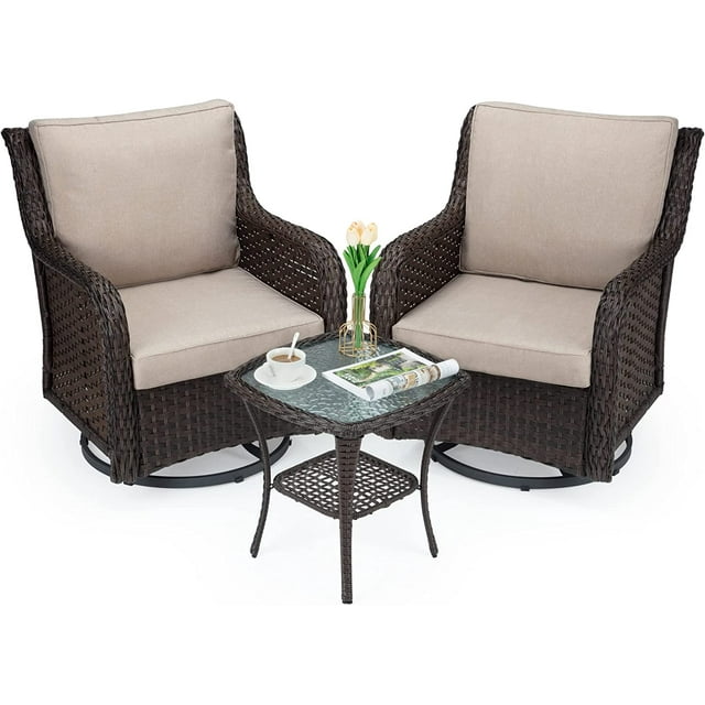 Outdoor 360° Swivel Rocker Patio Chairs Set of 2 and Matching End Table, IDEALHOUSE 3 Pieces Wicker Patio Bistro Set with Premium Fabric Cushions for Yard, Garden, Balcony (Beige, Encryption Rattan)