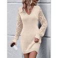 thumbnail image 4 of Women'S Mini Fitted Crochet Hollow-Out Sweater Sexy- Dress Dressy Casual Long Sleeve V Neck Knit Dresses Beige L, 4 of 8