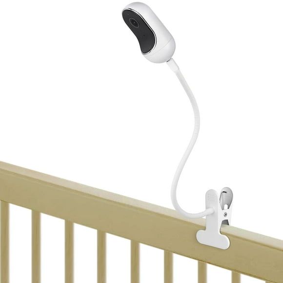 Soporte de clip flexible compatible con Owlet, Motorola y otras cámaras para monitores de bebés con orificio roscado de 1/4 sin herramientas ni daños en la pared - Blanco
