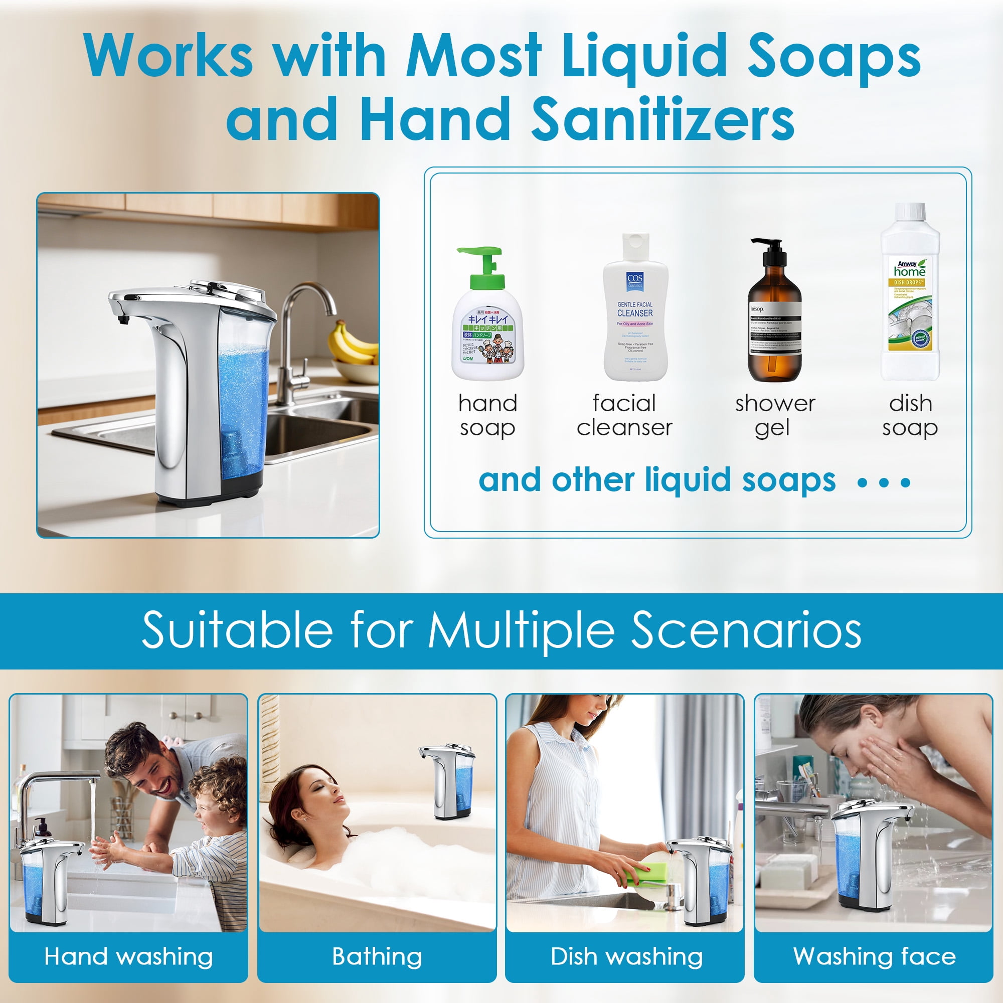 WANALIT Automatic Soap Dispenser Touchless, 17oz/500ml Dish Soap Dispenser with Infrared Sensor, 5 Adjustable Foam Levels, for Kitchen Bathroom Sink Countertop, Silver