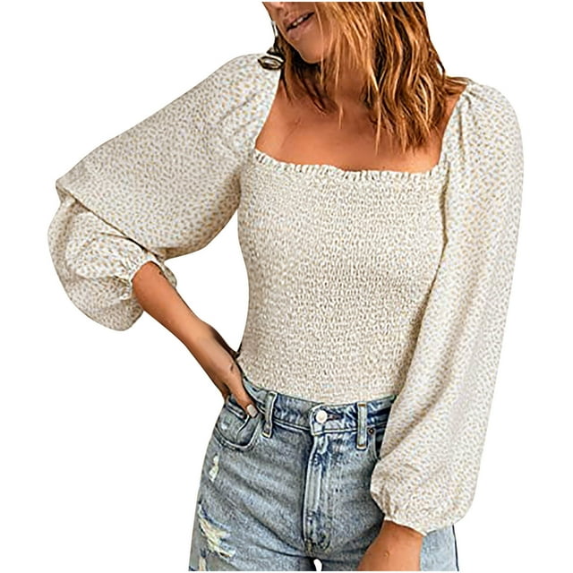 Womens Fall Tops 2022 Long Sleeve Square Neck Smocked Tunic Tee Tops Shirts Solid Color Casual Comfy Crop Tops Blouse