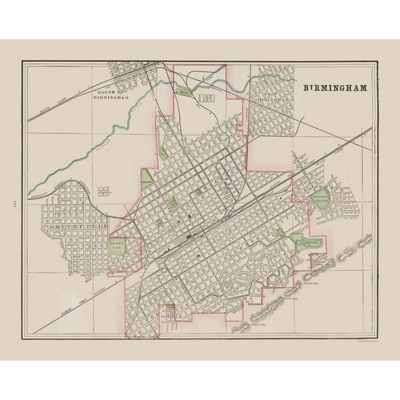 Historic City Map - Birmingham Alabama - Cram 1892 - Vintage Wall Art