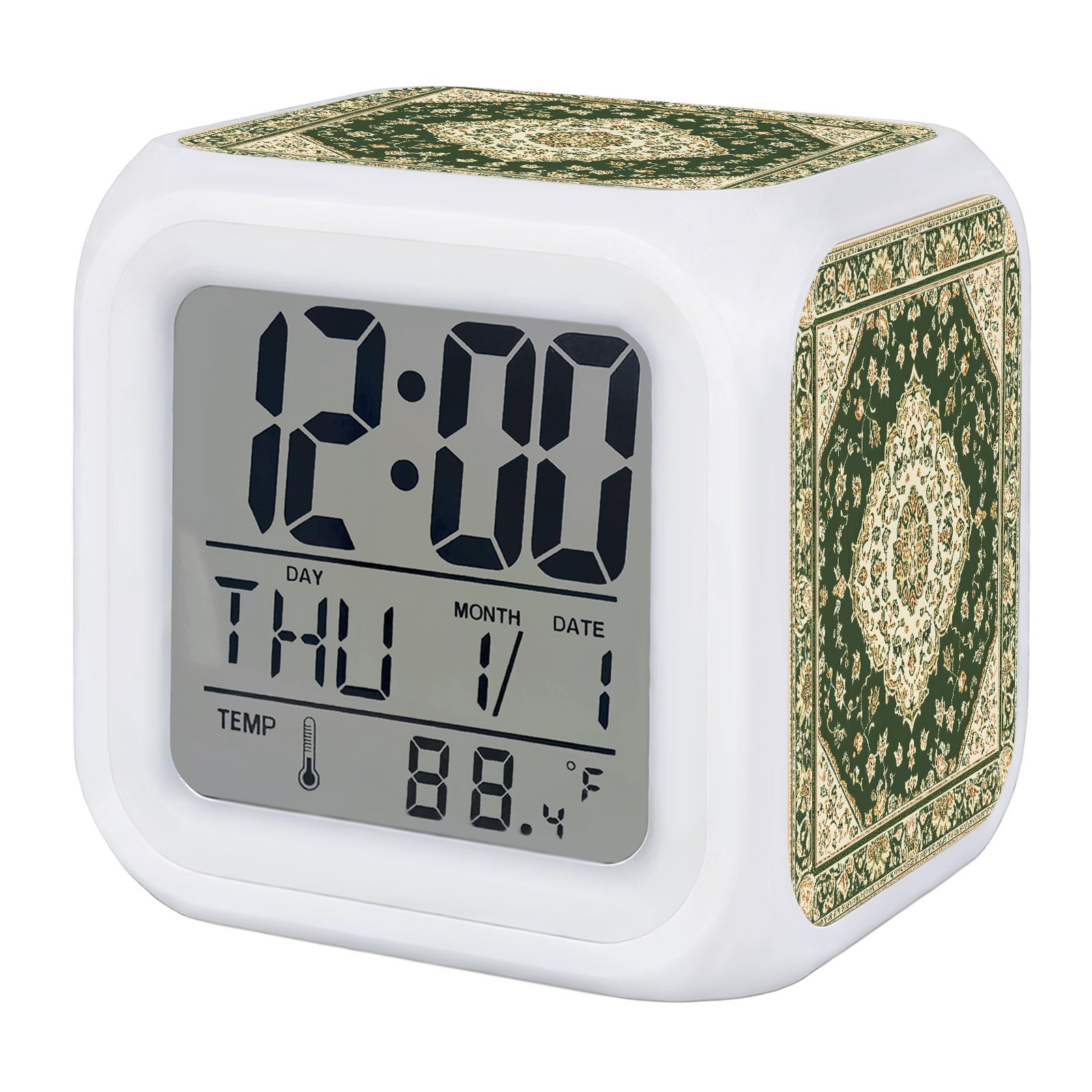 Vintage Ethnic Floral Alarm Clock, Retro Green Classical Bohemian Style Digital Clock Night Light with 7 Color, Calendar Temperature Display, LED Desk Small Clock for Bedrooms Bedside Living Room