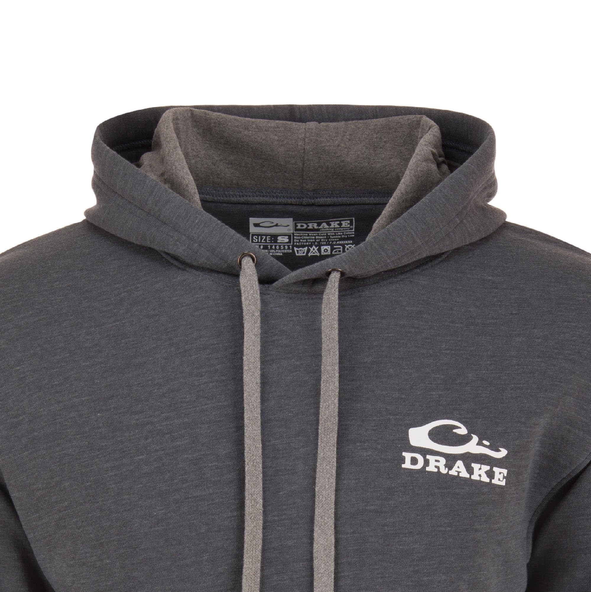 Drake Waterfowl Men's Logo Hoodie ? Midweight Cotton-Poly Fleece Pullover with Jersey-Lined Hood, Charcoal Heather, Small