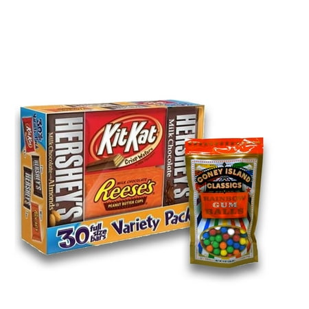 Hershey Chocolate Variety Pack Hershey's Chocolate Full-Size Variety Pack, 30 ct. Plus 8oz Coney Island Rainbow Gumballs Perfect For All Ocassions Halloweeen, Back to school, Thanksgiving, Christmas, New Years,Valentines day ()