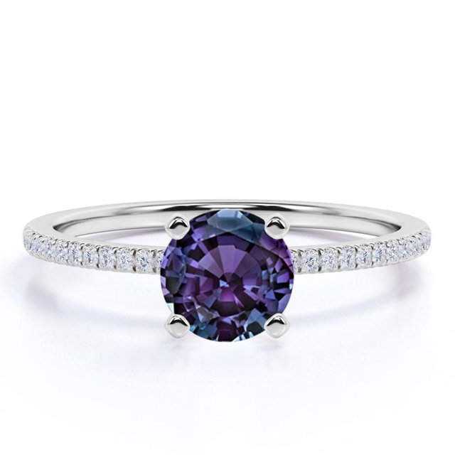 JeenMata Anillo de Compromiso Clásico con Solitario Pavé de Alejandrita y Moissanita de Talla Redonda de 1 Quilate Creado en Laboratorio en Oro Blanco de 18 K sobre Plata