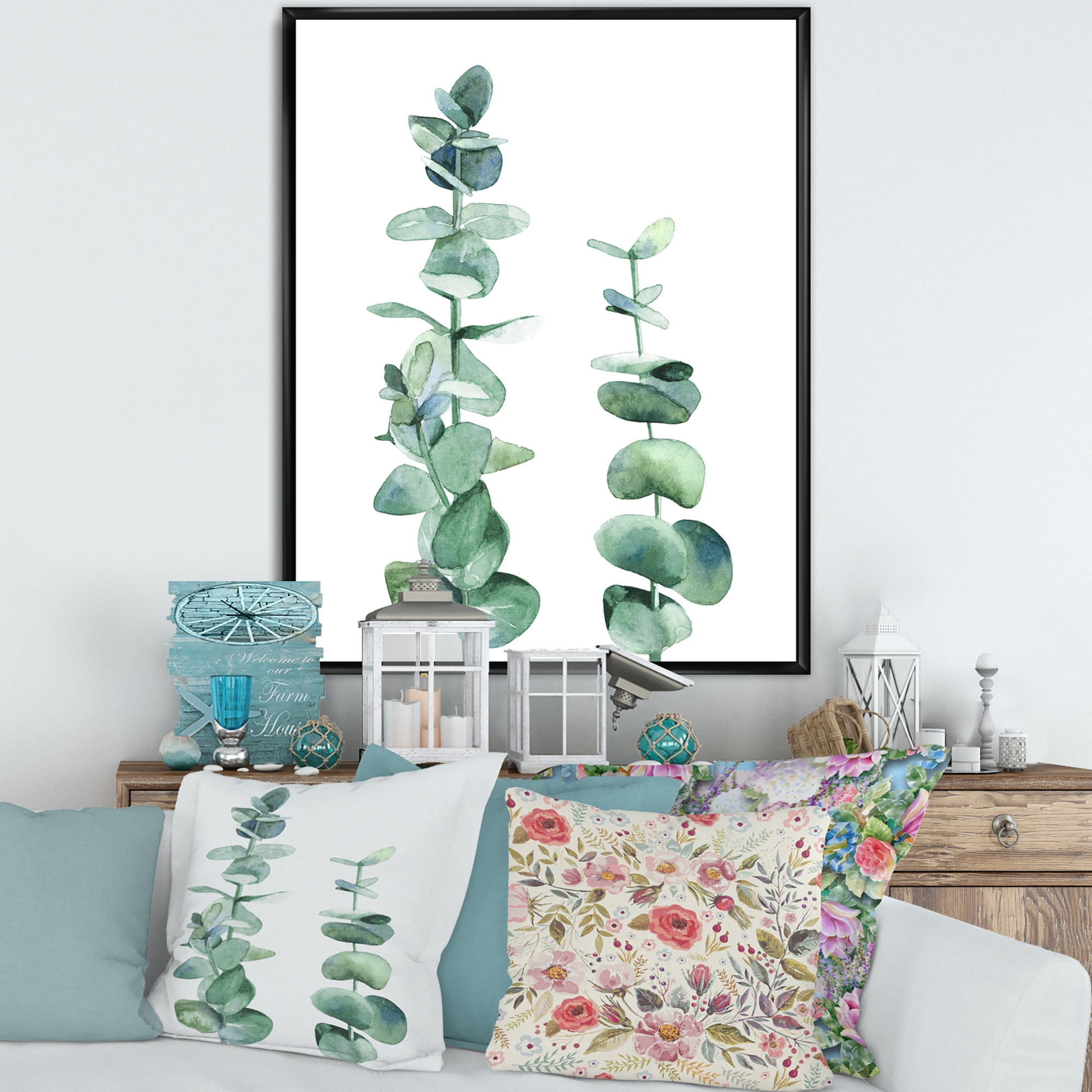 Designart 'Green Eucalyptus Branch' Tropical Framed Canvas Wall Art Print