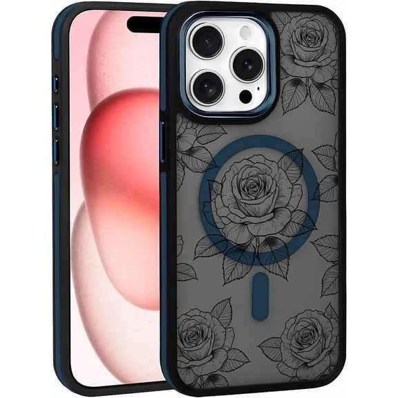 Case for iPhone 15 Pro Design On Matte Black Base, Compatible with MagSafe, Slim Protective Soft TPU Bumper, Magnetic Case for Women Girls Case for iPhone 15 Pro-Black Flower Floral Blue