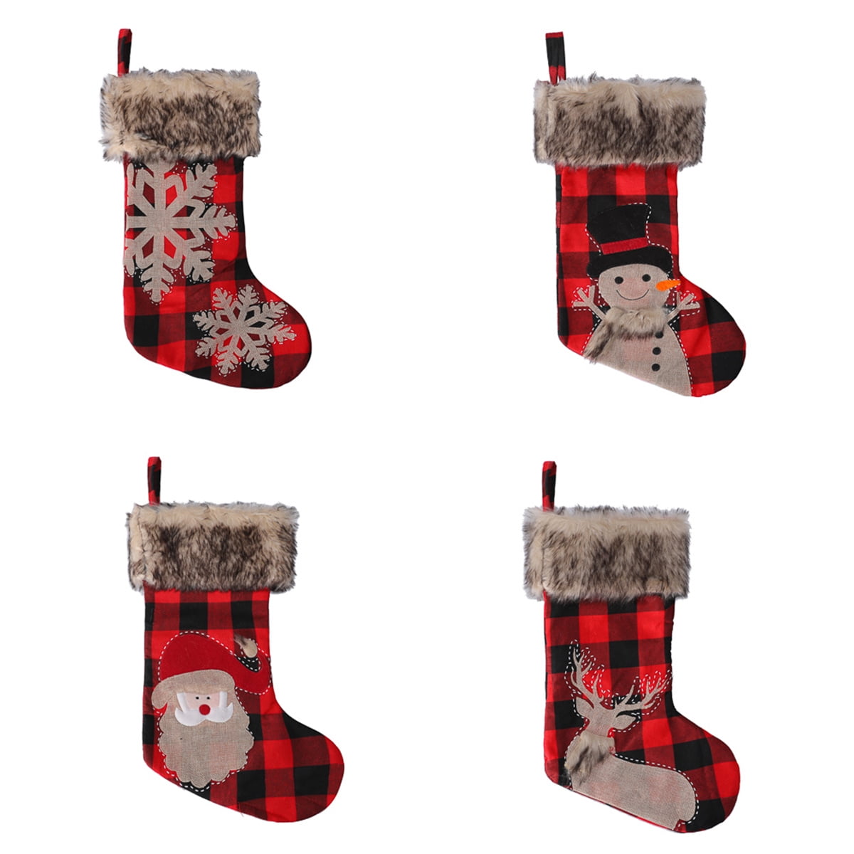 BOPORO Christmas Stockings - 4 Pack 18" Big Christmas Stocking Stuffers Snowflake Santa Snowman Reindeer Burlap Socks with Plush Cuff Gift Candy Socks for Family Holiday Christmas Party Decorations