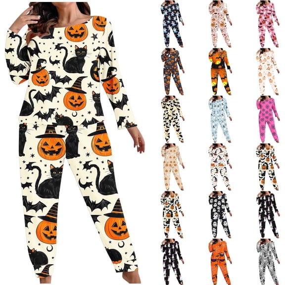 XUNKUSGA Plus Size Halloween Women's Pajama Sets Casual Long Sleeve Top and Bottoms Pjs 2 Piece Sets for Women Soft Cozy Fall Winter Pajamas for Women Set #10 XL
