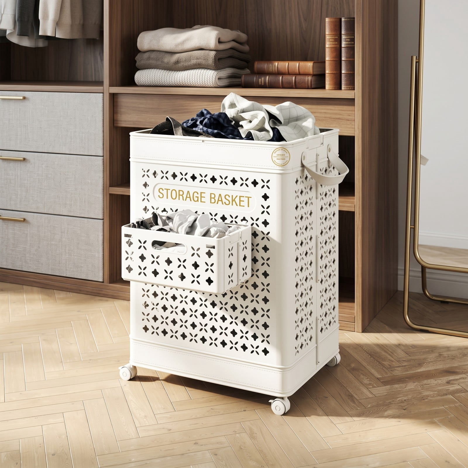Fenbeli Collapsible Laundry Basket 20 Gallon, Plastic Foldable Laundry Hamper with Wheels, Handles and Hanging Basket, Waterproof PP Clothes Storage Bin Sorter, White