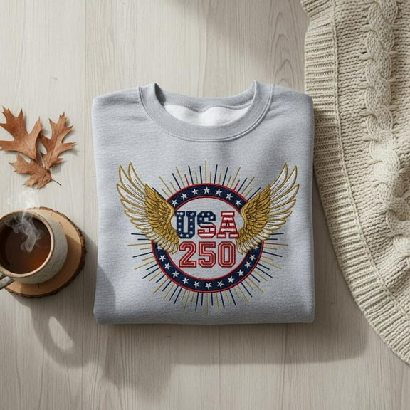 Embroidered USA 250 Patriotic Sweatshirt, American Anniversary Shirt, July 4th Eagle Wings Crewneck, USA Freedom Festival Apparel