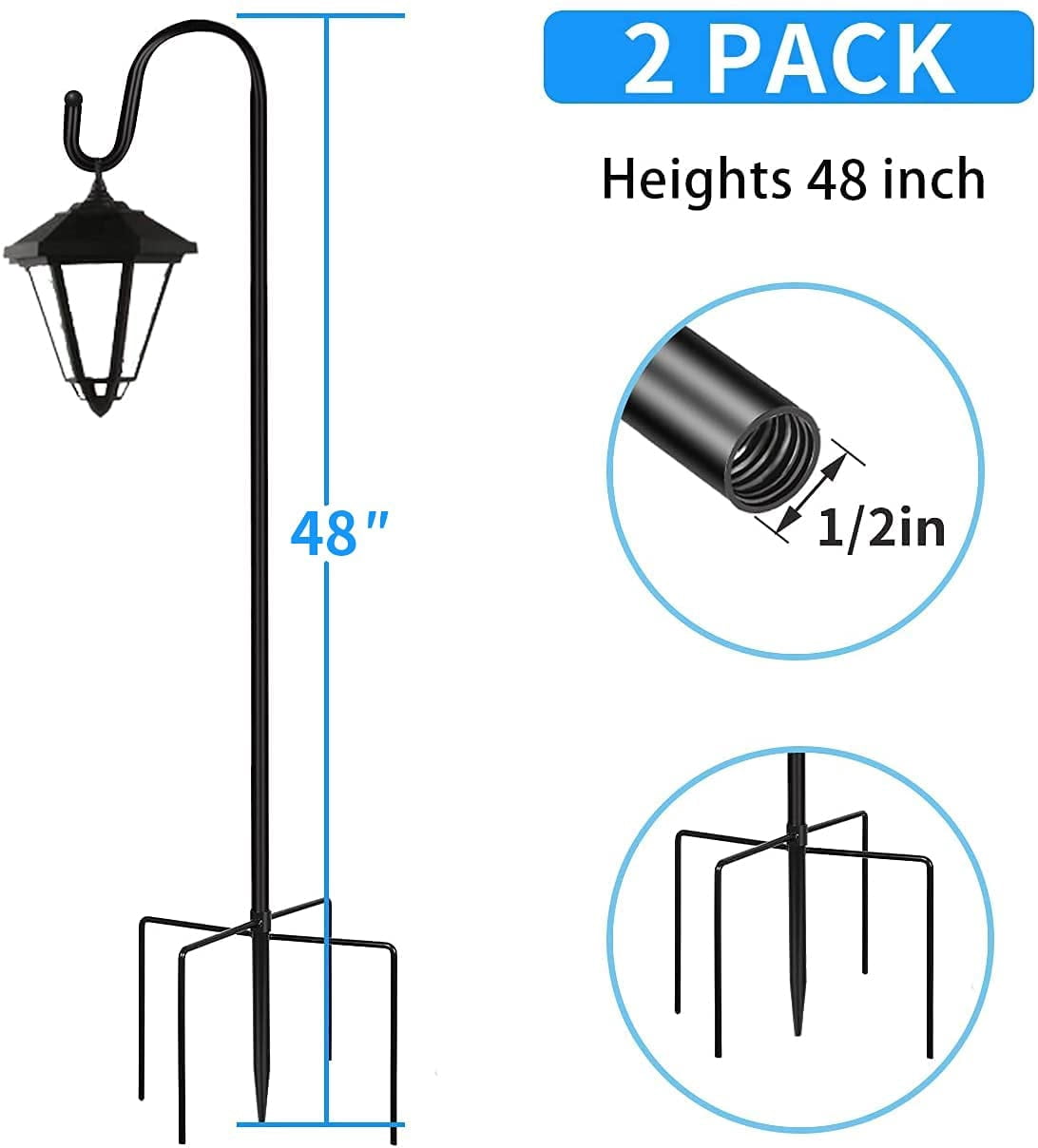 Shepherd Hooks 2 Pack - 48 Inches High 1/2 Inch Thick Adjustable Rust Resistant Shepards Hooks for Outdoor Solar Lights, Lanterns, Flower Basket, Bird Feeder.