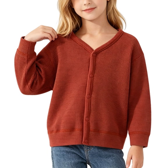 Lmnyox Toddler Kid's Shirts Textured Loose Plain Button Down V Neck Cardigan Lightweight Long Sleeve Tops