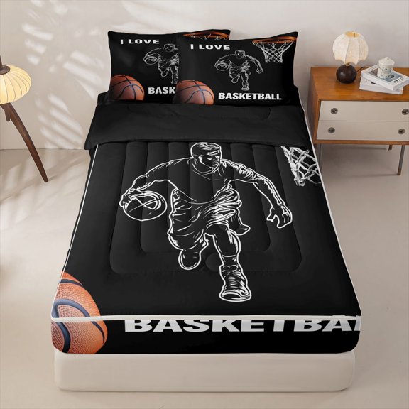 Homewish I Love Basketball Zipper Full Size Comforter Sets with Fitted Sheet and 2 Pillowcases, Sport Zipper Bedding Set for Men and Boys, Black Reversible, 4 Pieces