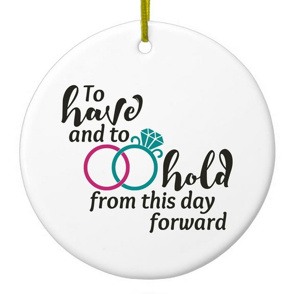 DistinctInk Hanging Ceramic Christmass Tree Ornament with Gold String - Great Gift / Present - 2 3/4 inch diameter - To Have & To Hold Wedding Rings