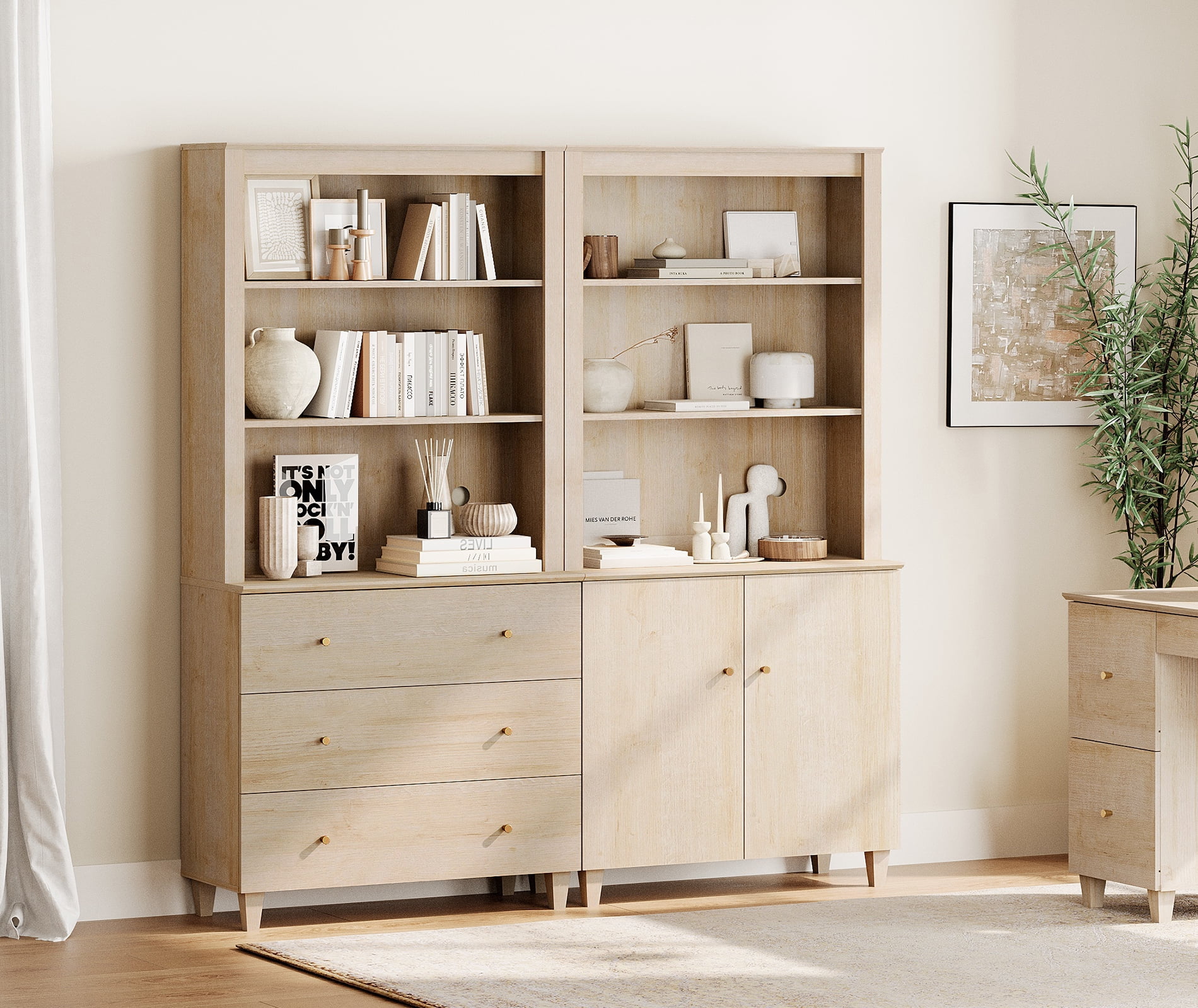 WAMPAT 71" Tall Bookshelf Set of 2, 5-Tier Modern Storage Bookcases with 1 Cabinet and 3 Drawers, Large Wooden Bookcases for Living Room, Natural Oak
