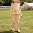 thumbnail image 6 of Vornjynx Girls Outfit Sets Ruffle Hem Cotton T-Shirt and Plaid Shorts Crew Neck Sleeveless Summer Casual Trendy Clothes 2 Piece Yellow Size 7-8, 6 of 9