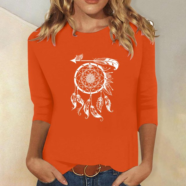 Heisall Women's Spring Autumn Tops 3/4 Sleeve Round Neck Casual Fashion Blouses Orange Festival Print Shirts