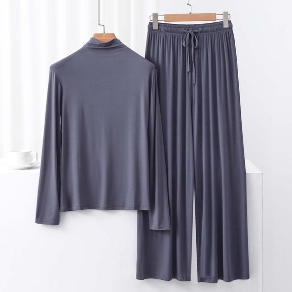 TMOYZQ Women's 2 Piece Pj Lounge Set Casual Loose Long Sleeve Top Wide Leg Pants Soft Housewear Outfit Sets
