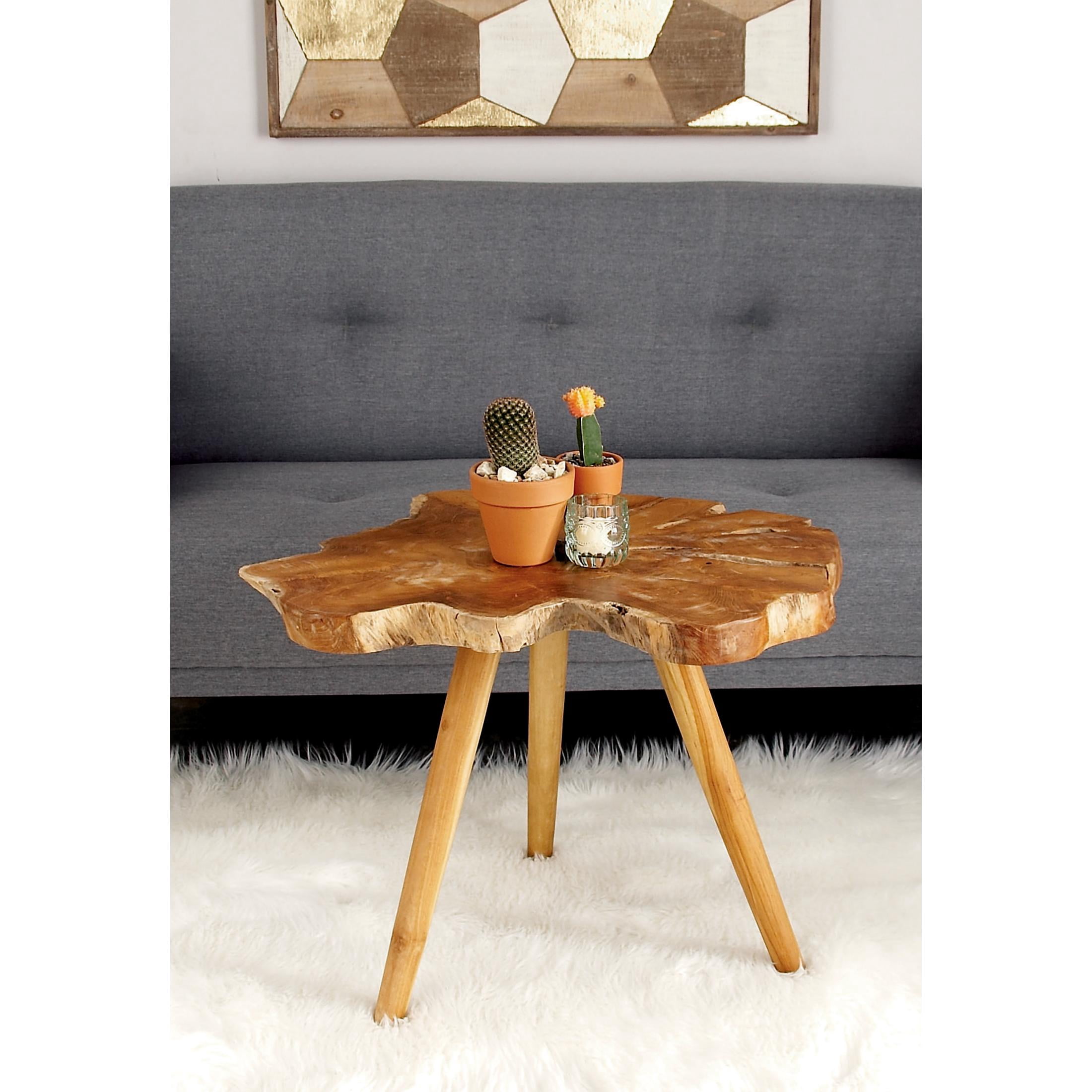 DecMode 27" x 20" Brown Teak Wood Handmade Live Edge Accent Table with Tripod Legs, 1-Piece