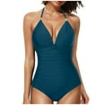 thumbnail image 3 of VBTAPA Tummy Control Swimsuits for Women Full Coverage One Piece Bathing Suits Metal Halter V Neck Ruched Slimming Swimwear Limited Time Sales of Today Navy L, 3 of 5