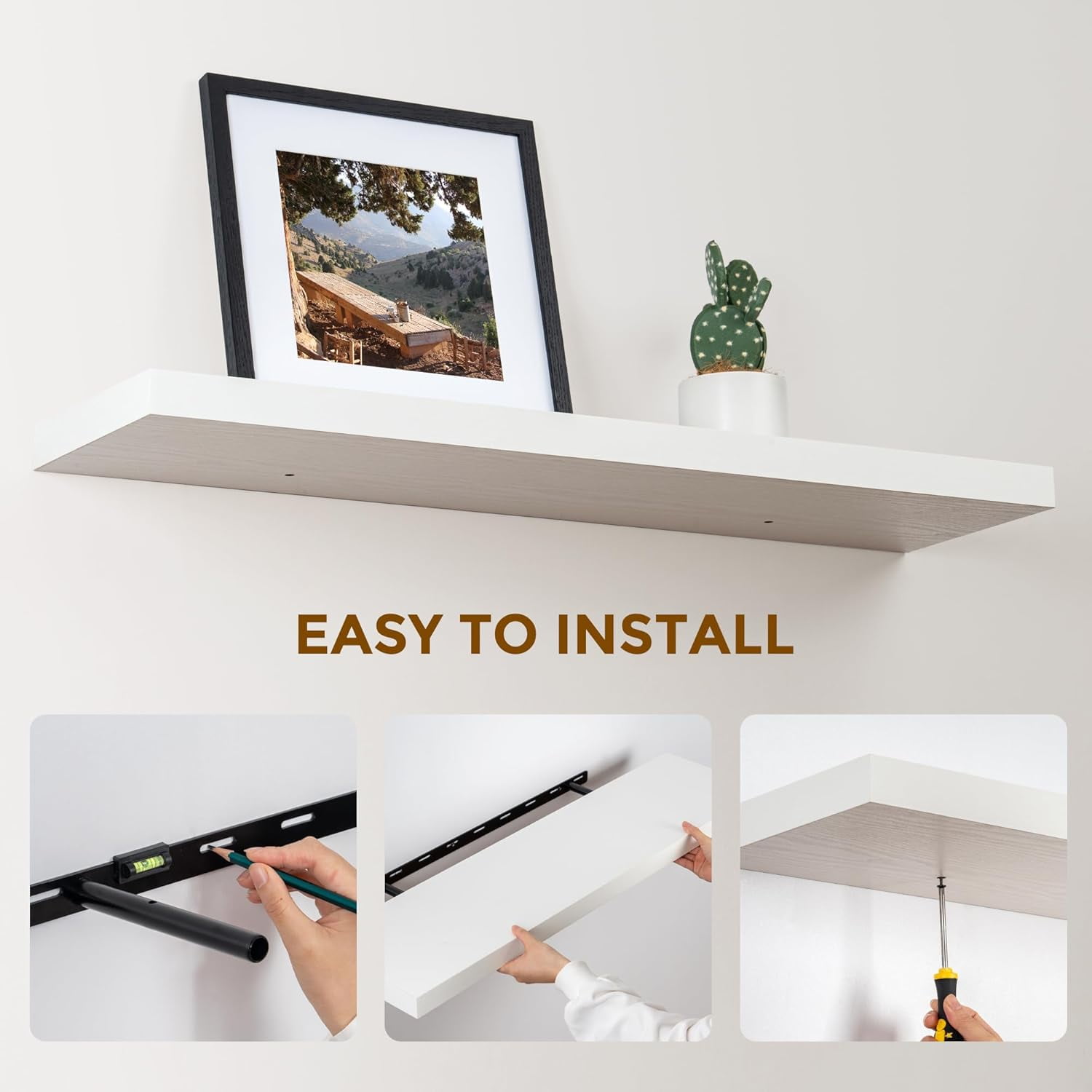 Floating Shelves White 36 Inch Long, 9.3" Deep Floating Shelf Wall Mounted, Rustic Deep Bookshelf, Large Display Storage Shelves for Bathroom, Bedroom, Kitchen, 36"W x 9.3"D x 1.5"H, Set of 2