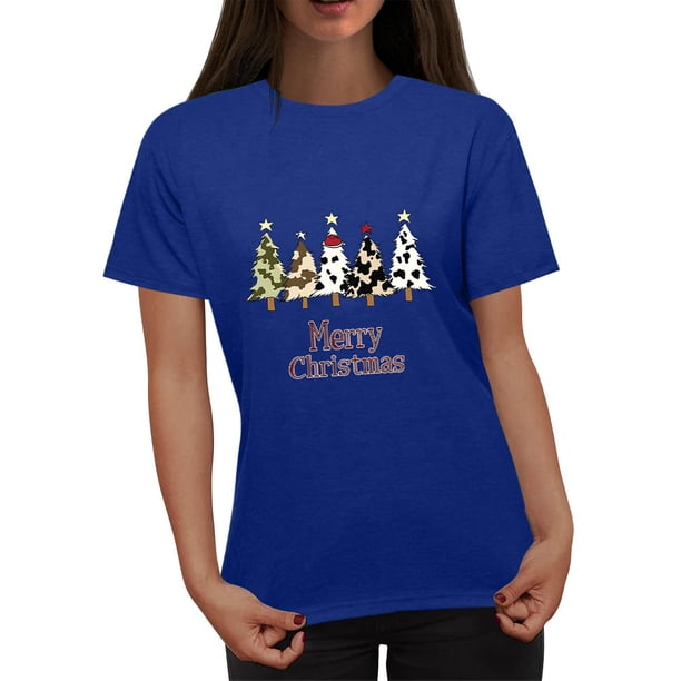 Puntoco Blusa informal de cuello redondo con estampado navideño para mujer