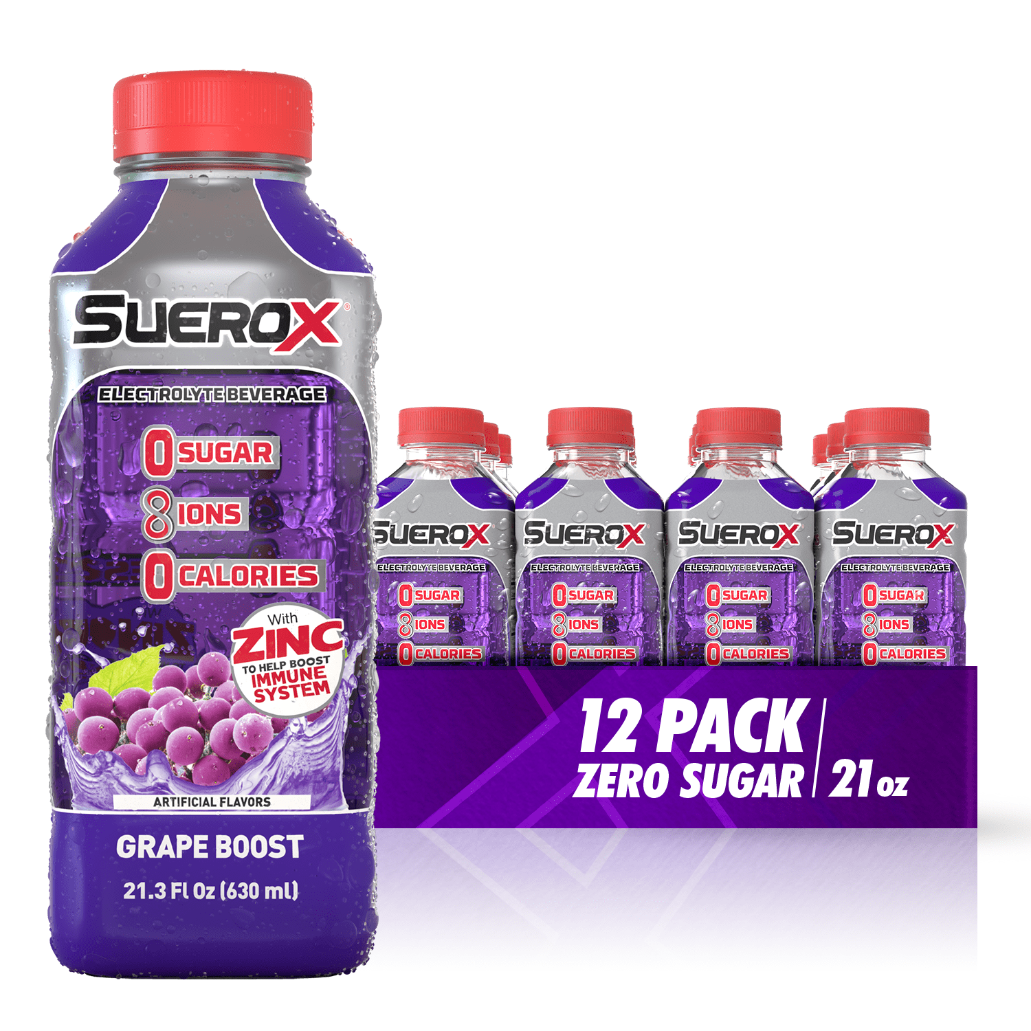SueroX Zero Sugar Electrolyte Drink for Hydration and Recovery, Grape Boost, 21 fl oz , 12 ct