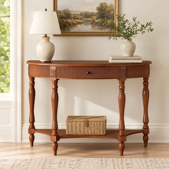 Atumcto Half Moon Console Table with Drawer and Shelf, Fluted Entryway Sofa Table with Roman Column Legs for Hallway and Living Room, Walnut