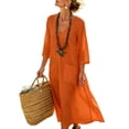thumbnail image 3 of KHONTS Women's 3/4 Sleeve Summer Maxi Dress Plus Size Casual Linen Flowy Beach V-Neck Dress with Pockets Orange M, 3 of 9