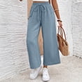 thumbnail image 4 of Women Linen Pants Summer Wide Leg Cropped Palazzo Pants Drawstring High Waisted Beach Lounge Trousers with Pockets,L, 4 of 6