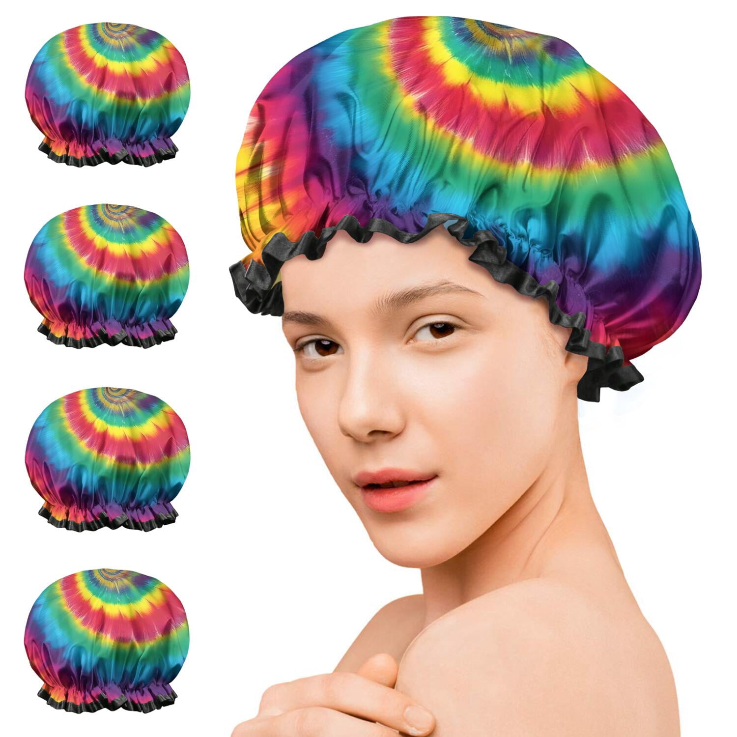 Shower Caps,Colorful Rainbow Tie Dye Spiral Pattern Waterproof Shower Cap for Women 4 Pieces,Double Reusable Hair Cover for Shower PEVA Elastic Stretch Hem