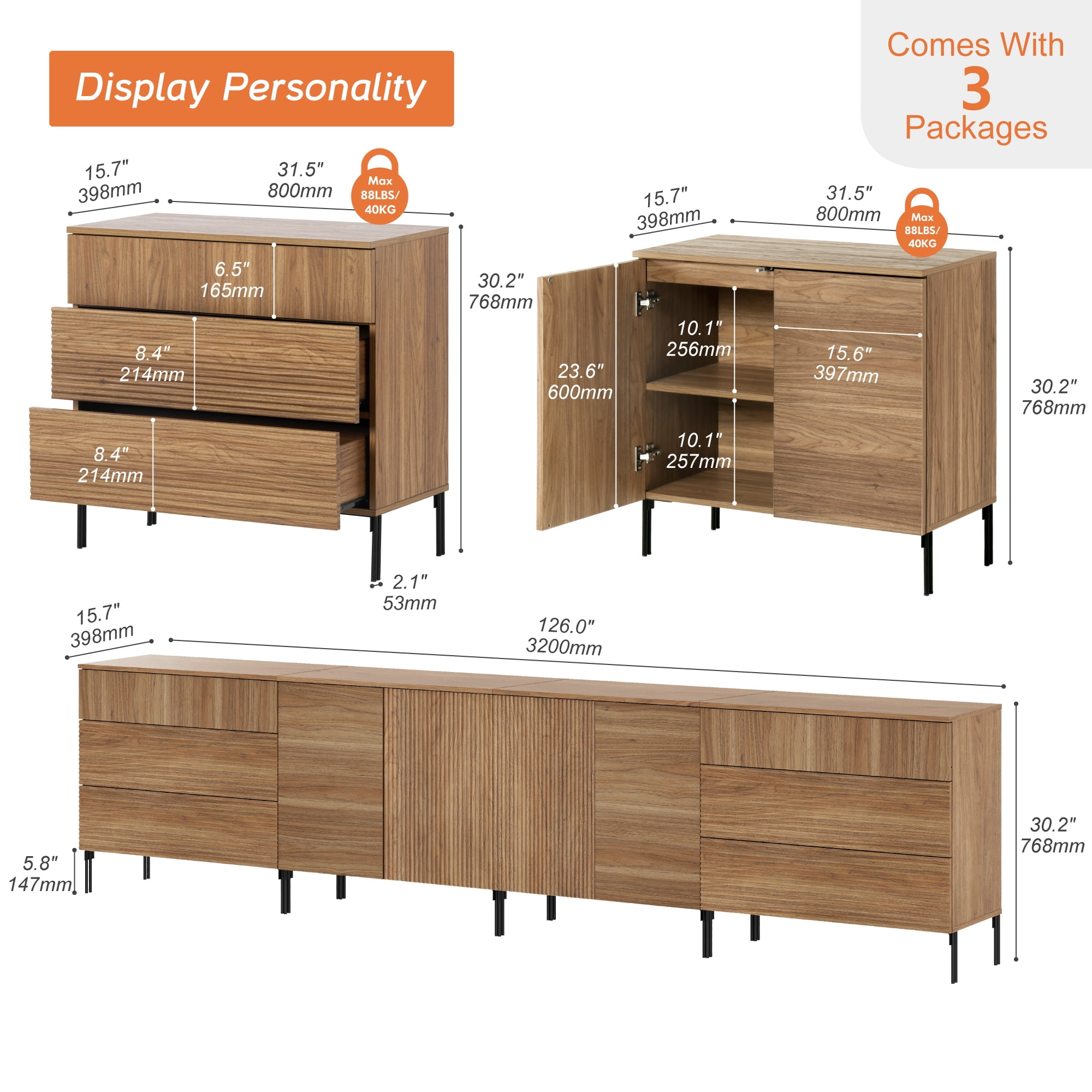 126" Modern Reeded 6-Drawer Dresser Set for Bedroom, Minimalist Chest of Drawers with Storage, Wooden Dresser for Living Room, Bedroom, Entryway