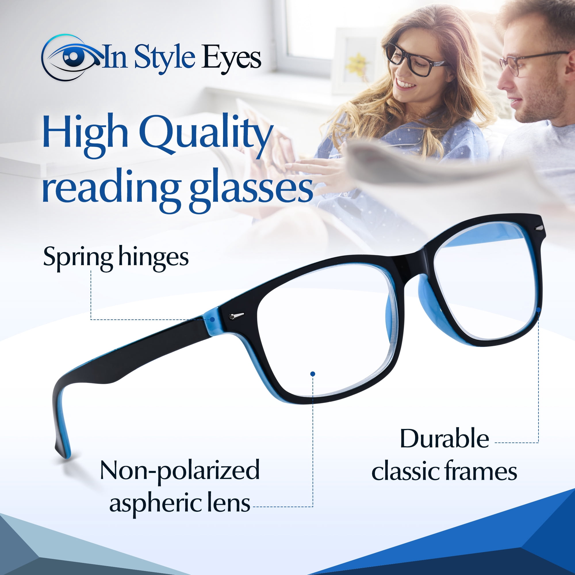 In Style Eyes Powerful High Magnification Men's Reading Glasses, 6.0x, Clear Tint, Blue 1 Pair